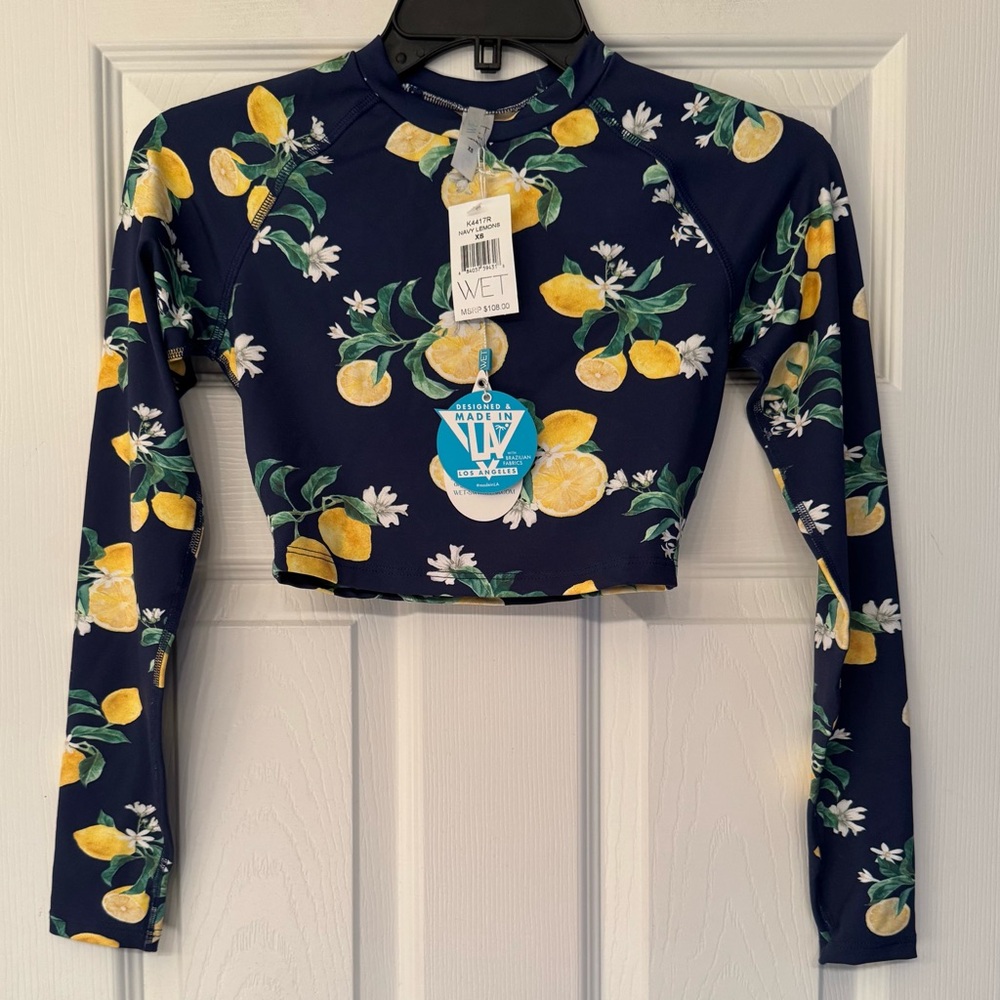 Wet Swimwear Sardinia Bri Navy Blue Lemons Print Long Sleeve Crop Top Size XS - Picture 3 of 12